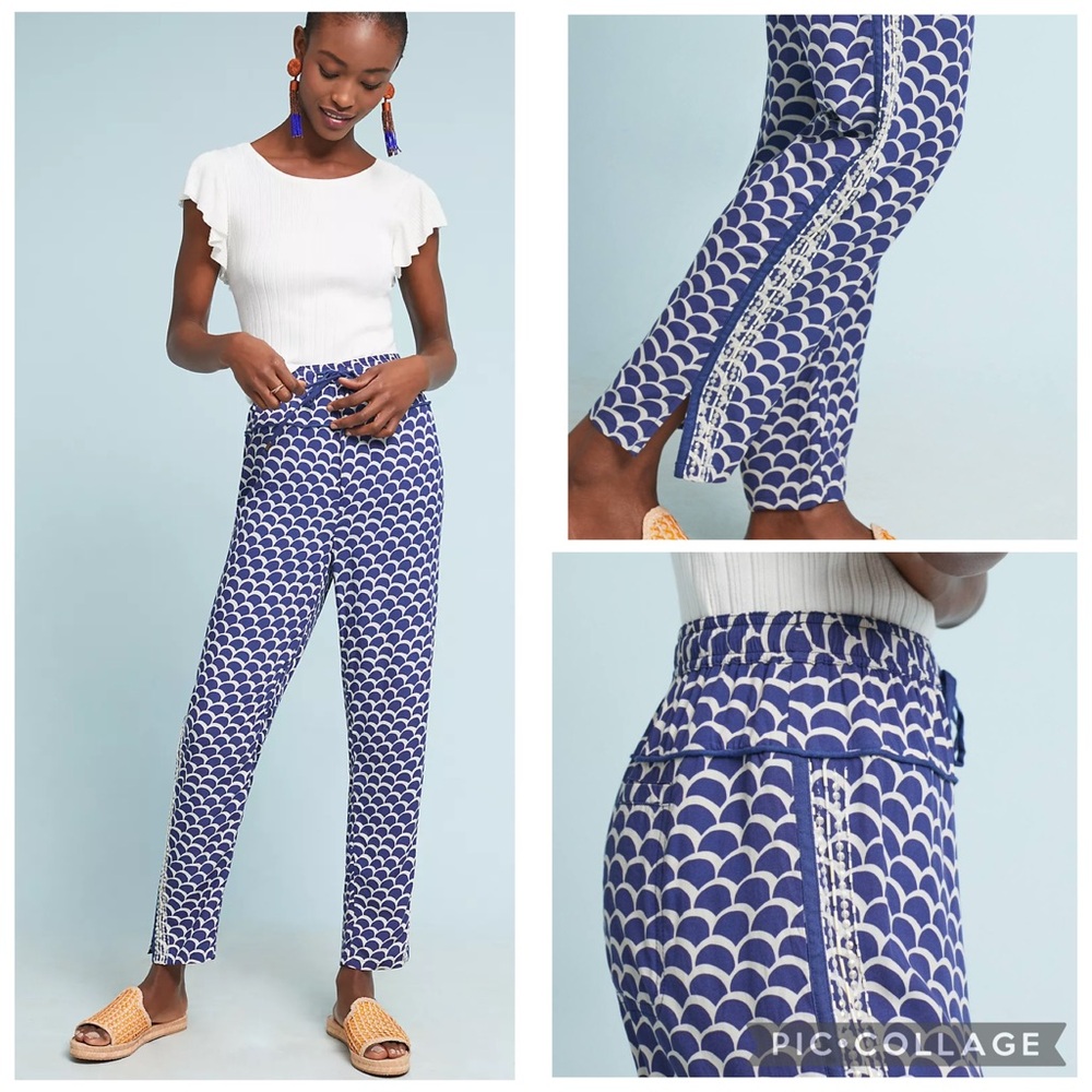 Anthropologie Blue Mermaid Scallop Motif Boho Sequin Bead Trim Pull-On Pants S